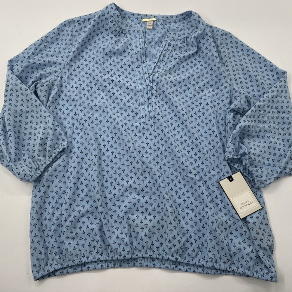 Dana Buchanan Blouse Women's 2XL Blue Anchor Print 3/4 Sleeve Elastic Bottom NEW